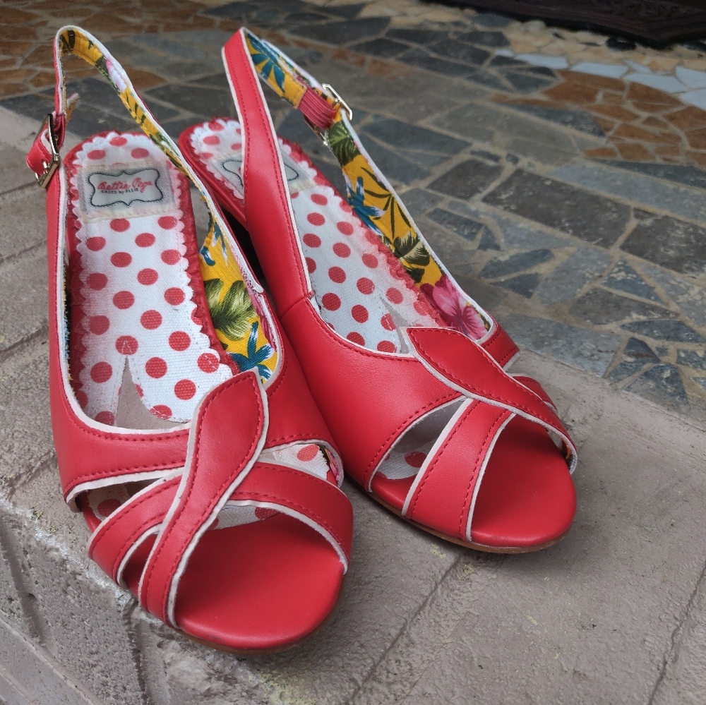 Bettie Page Red peep toe sling back sandal